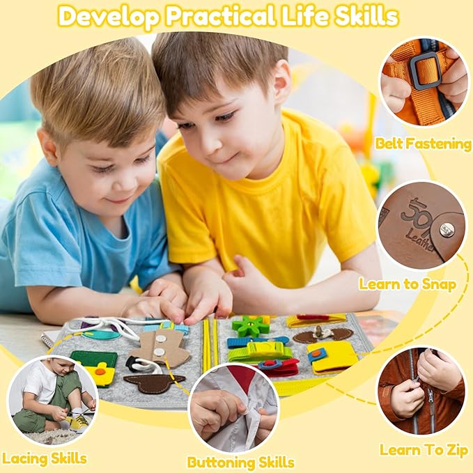 Qizfun Busy Board Montessori Toy for Toddlers, Educational Sensory Learning Toy for Fine Motor Skills, Preschool Travel Toy for Airplane & Car, Gifts for Boys and Girls