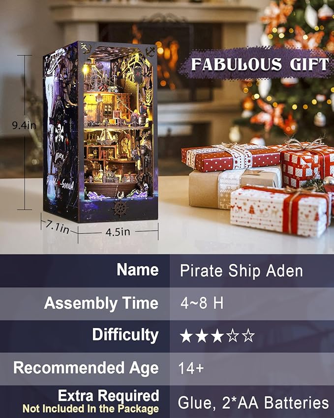 Book Nook Kit Pirate Ship Aden, DIY Miniature Book Nook Kits for Adults, 3D Wooden Puzzle Bookshelf Insert Decor with Sensor LED Lights, for Men Teens Family