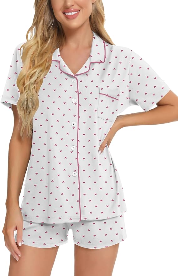SWOMOG Womens Button Down Pajamas Set Short Sleeve Sleepwear Bride Soft Pj Lounge Sets XS-3XL