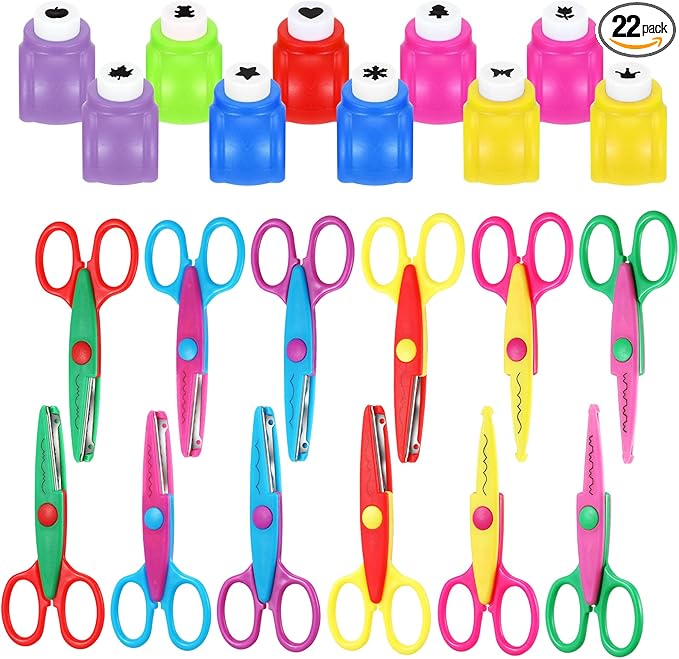 22 Pcs Craft Hole Punch and Creative Scissors Set, Including 12 Craft Pattern Scissors Decorative Edge Scrapbooking Edging, 10 Paper Punch for School Kids Adults Crafting