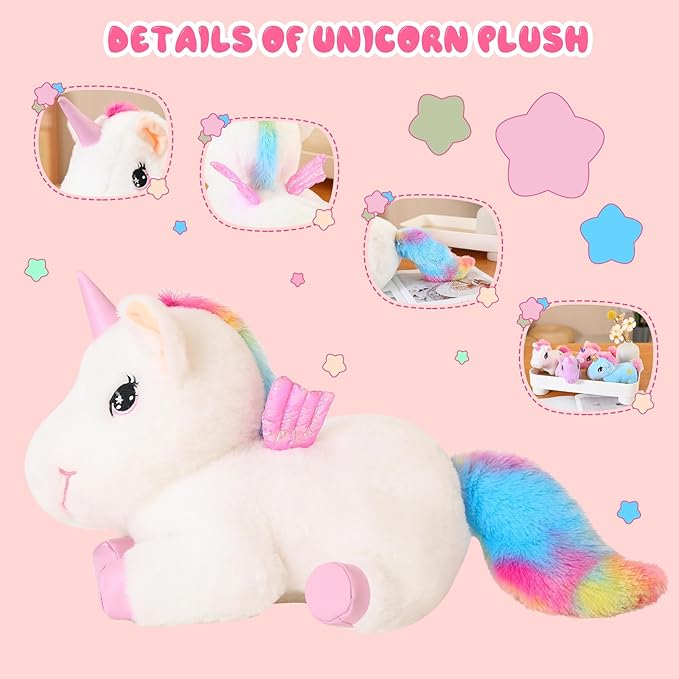 SQEQE Unicorn Toys Stuffed Animal 5 in 1, Plush Toy Rainbow Flying Unicorns with Wings for Christmas, Valentine's, Birthday Gifts, Plushies Unicorn Pillow with 4 Babies in Her Tummy for Girls Age 4-8