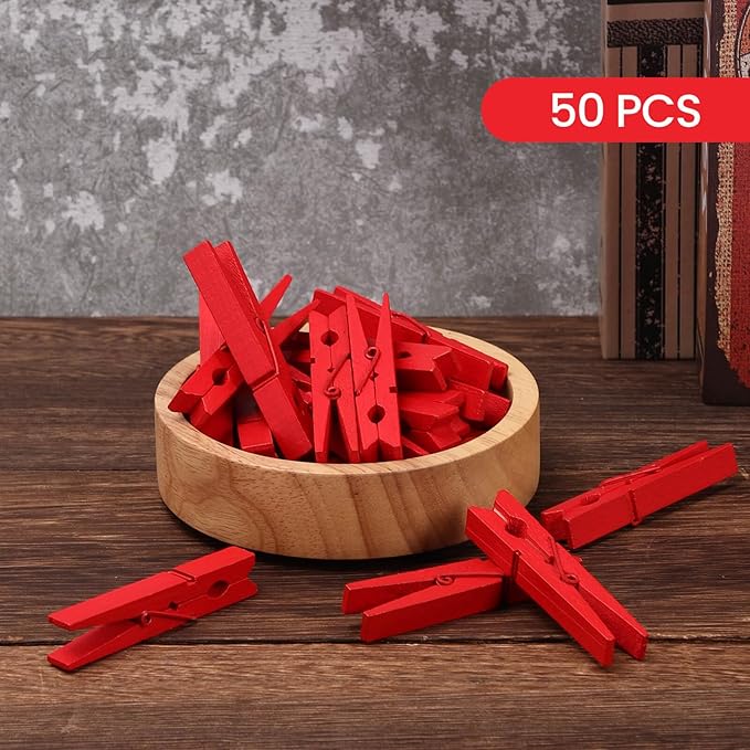 50PCS Colored Wooden Clothespins, 2.9inch Red Clothes Pins for Clip Pictures Photos Decorative, Small Colorful Wood Decoration Closepins Clips