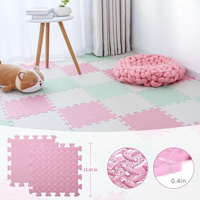36 Tiles Foam Play Mat for Baby, 0.4 Inch Thick Foam Interlocking Floor Mats, Soft Non-Toxic Baby Playmat, Solid Colored Puzzle Play Mat Kids Floor Mats for Toddler(White/Pink/Bean Green)