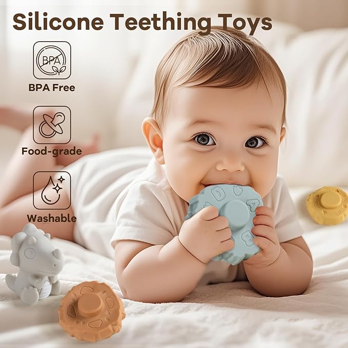 Stacking & Nesting Baby Teething Toy, 7 Pcs Soft Building Rings Stacker Toys with Dinosaur, Newborn Essentials Sensory Learning Toys for 6 12 18 Months Infant Toddler Boys Girls