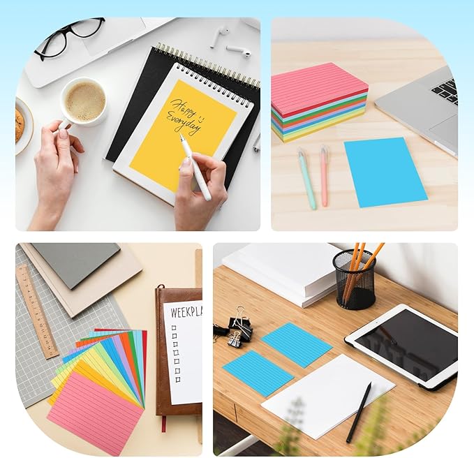 Tecmisse Colored Index Cards 4x6, 300 Pack, 10 Colors Ruled Note Cards, Flash Cards for Studying, Heavy Notecards for Office and School, One Side Lined, One Side Blank