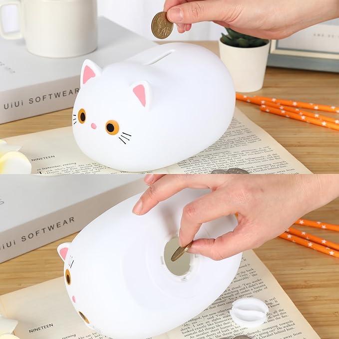 H&W White Cat Piggy Bank for Girls,Plastic Coin Bank,Unbreakable Money Bank,Cute Piggy Bank for Kids,First Money Box,Best Birthday