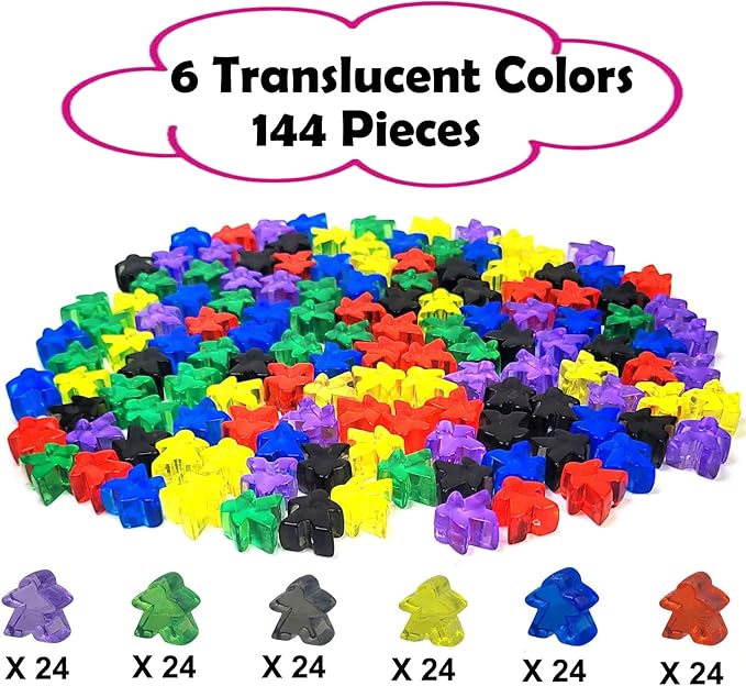 144 Pieces Meeples Game Tokens,Game Pieces for Board Games,Board Game Accessories with Portable Box(Translucent,6 Colors)