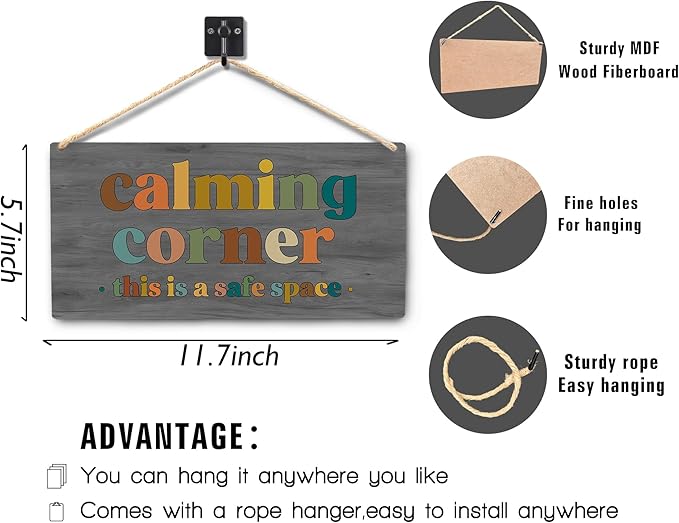 Calming Corner Hanging Wood Sign - Safe Space, Classroom Decor, School Counselor Office, Calm Down Corner Decorations, Boho Decor (Gray), 12x6