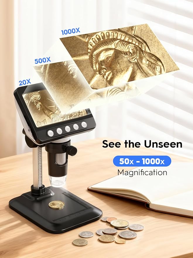 Coin Microscope, 4.3" LCD USB Digital 1000X Coin Magnifier with 8 Adjustable LED Lights, 1080P PC View Compatible with Windows/MacBook for Adults Kids