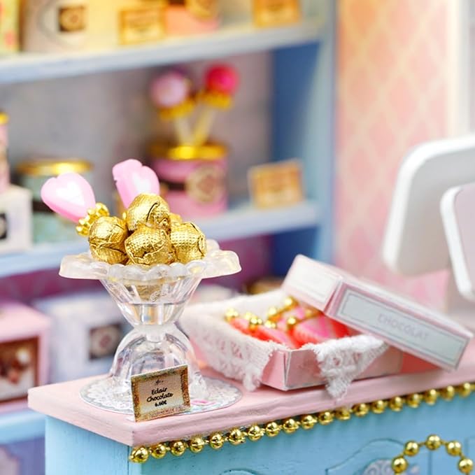 DIY Miniature House Kit, Mini House Building Kit with LED & Dust Cover, DIY Wooden Dollhouse Miniature Kit for Adults Teen, Wooden Crafts Lovely Dollhouse Kit, Yummy Candy