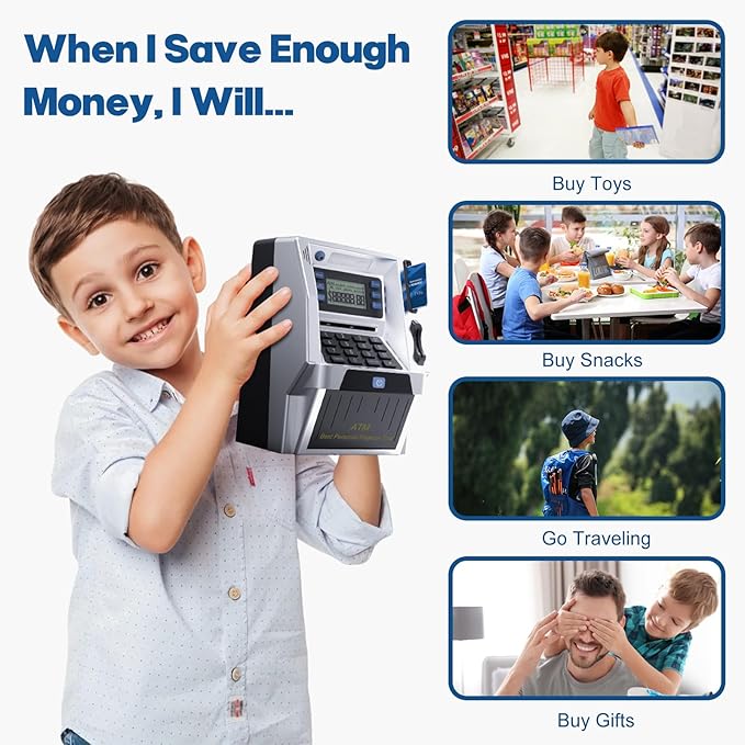 Blingbin Upgraded ATM Piggy Bank for Kids, ATM Bank Machine for Real Money with Debit Card, Bill Feeder, Coin Recognition, Balance Calculator, Electronic Saving Safe Machine Box for Boys Girls Gift