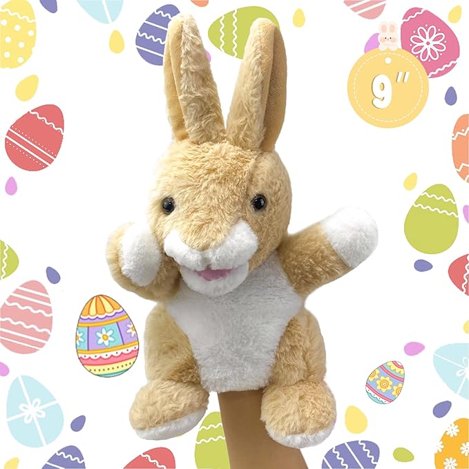 Bunny Hand Puppets Bunny Plush Puppets,9" Realistic Bunny Stuffed Animal Puppets for Kids Bunny Puppet for Adults with Movable Mouth, Bunny Toys Easter Bunny Hand Puppets for Toddlers