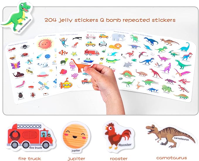 6 Pack Jelly Reusable Sticker Books for Toddlers 1-3 2-4 Years, Portable Travel Toys Sticker Activity Book for Kids 2 3 4 Year Old Girls Boys, Animal Insect Dinosaur Ocean Space Car