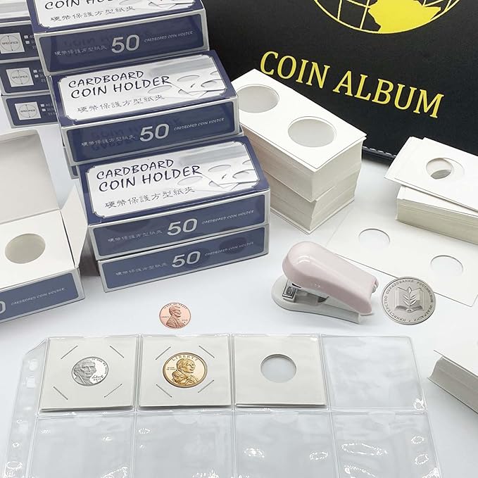 200 PCS Cardboard Coin Flips with 10 Sheets Coin Pocket Pages, 4 Assorted Sizes 2" x 2" Cardboard Coin Holders Coin Flips Coin Collection Supplies for Dime, Dollars, Penny, Quarter, Nickels Collecting