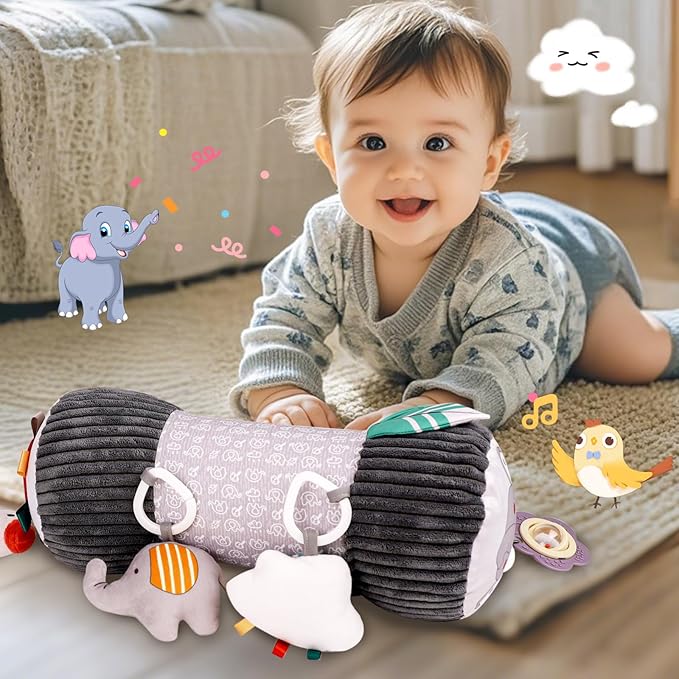 Inflatable Baby Tummy Time Toys Pillow for Newborn, Montessori Baby Sensory Toys Roller with Detachable Mirror, Squeaker, Teether & Rattle, Help with Early Development 3-6 Months(Elephant)