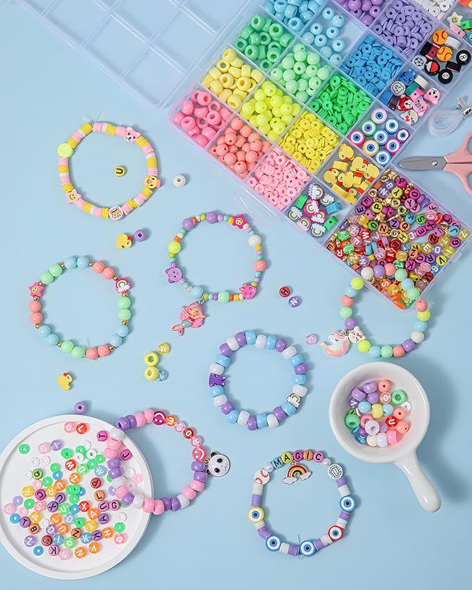 Taybonds DIY Bracelet Making Kit for Kids Age 6+, 1400+ Pcs Jewelry Making Ket with Polymer Clay Charms, Alphabet Beads, Pony, Pearl and Clay Beads, Unicorn Mermaid Panda Charms for Crafting Gifts