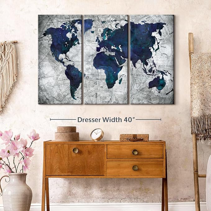 ElephantStock Deep Blue World Map Multi Piece Canvas - 3 Panel Wall Decor - Map of the World Art - Canvas for the Office and Home - 50" X 32"