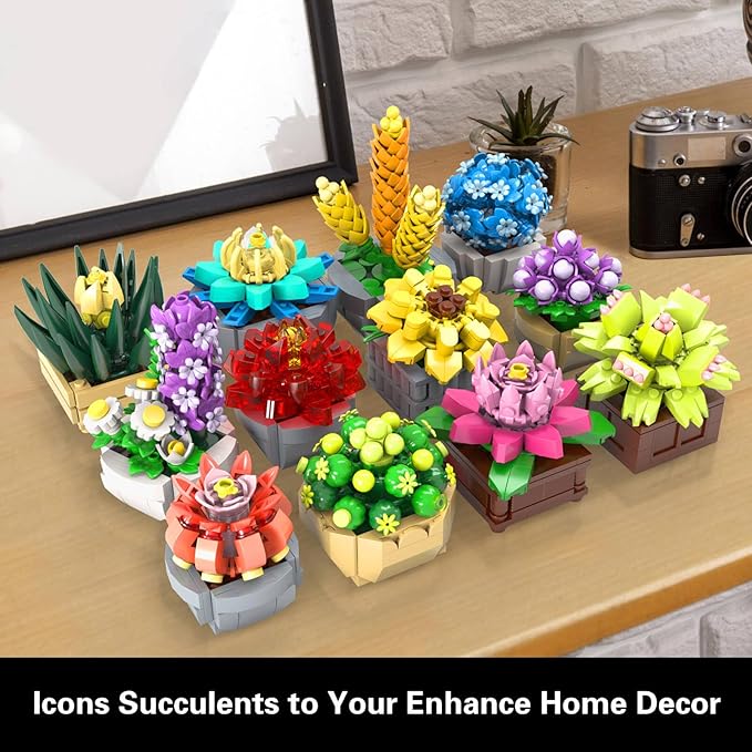 Succulents Set for Adults Building Sets, 12 Plants, Home Decor, Birthday Gifts for Women, Creative Housewarming Gifts, Botanical Collection, Flowers Succulents Artificial Plant Kit (1174 piece)