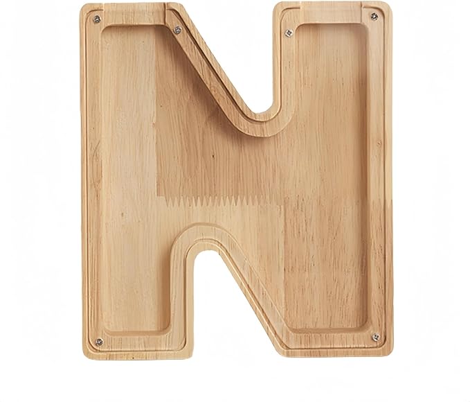 Wooden Alphabet Piggy Bank Clear Acrylic Panel Coin Savings Box Personalized Money Bank for Kids Boys Girls Adults, Birthday Home Décor(N)