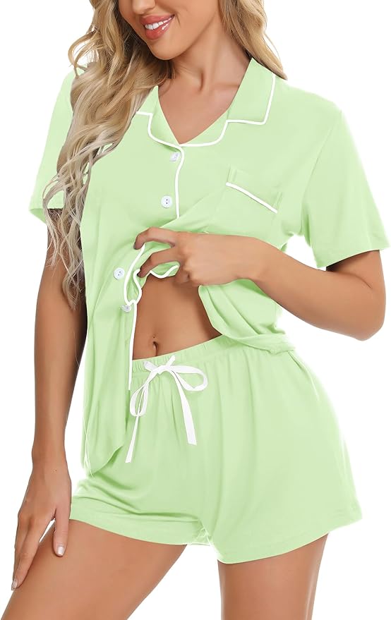 SWOMOG Womens Button Down Pajamas Set Short Sleeve Sleepwear Bride Soft Pj Lounge Sets XS-3XL