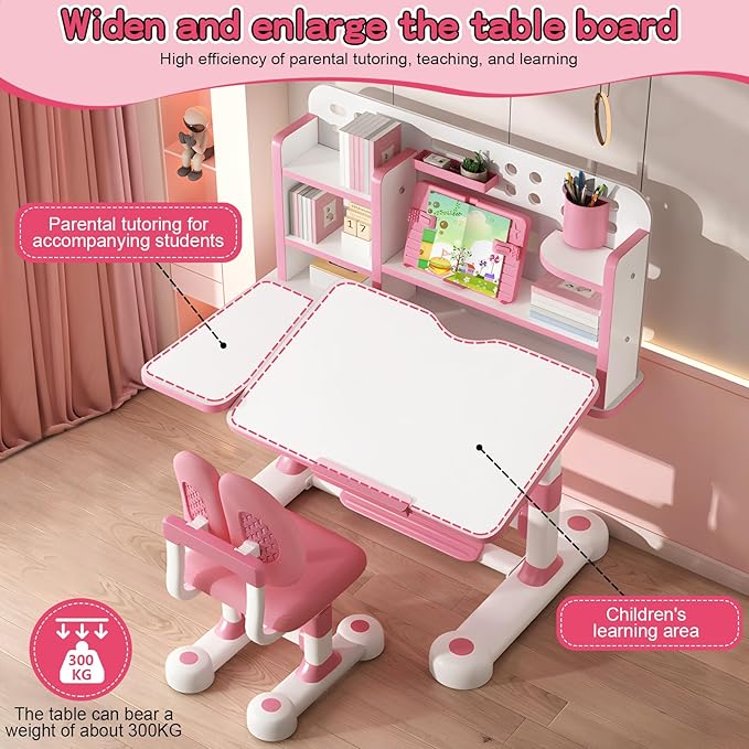 2025 NEW Kid's Study Desk and Chair Set, Ergonomic Height Adjustable Children Study Desk with Tilt Desktop, Book Stand, Light, Metal Hook and Storage Drawer,Gift for Boys Girls (Pink 119cm lean)