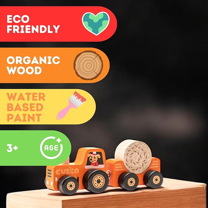 CUBIKA Wooden Toy Tractor – Montessori Toy for Toddlers Ages 3+ – Wooden Tractor with Magnetic Fasteners – FSC-Certified Wood, German Water-Based Paints – Travel-Friendly Fine Motor Toy