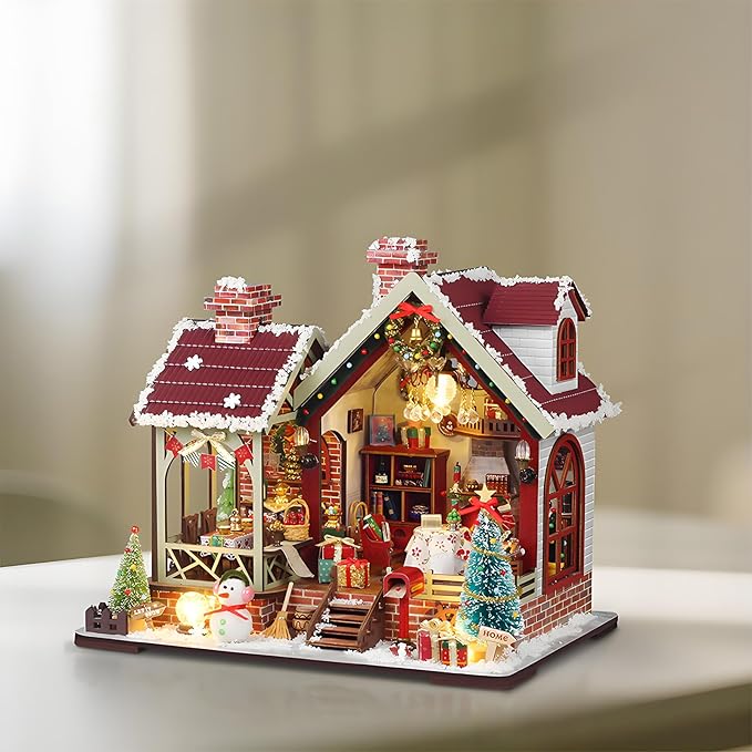 DIY Christmas Miniature House Kit Mini Wooden Dollhouse Kits for Adults Xmas Eve Snowflakes Building with LED Light, Diorama Model Birthday Gifts for Family/Friends