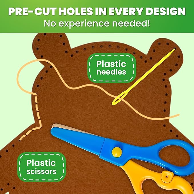 QUOKKA Kids Crafts Ages 4-8, DIY Beginner Needle and Thread Kit - 12 Wild Animals Sewing Kit Basic - Fun Arts Crafts for Kids Ages 6-8 Girls Boys - Plastic Needles, Scissors - 6+ Year Old Girl Gifts