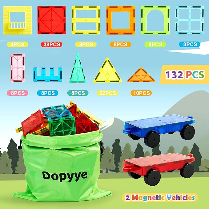 132 PCS Magnetic Tiles Building Blocks with 2 Cars, STEM Educational Construction Montessori Toys for Kids Ages 3 4 5 6 7 8 9, Magnet Building Set Gift for Boys Girls