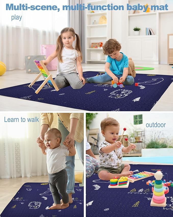 Machine Washable Baby Play Mat 63x43”, Baby Playpen Mat Extra Large, Foldable Baby Play Mats for Infants, Toddler Playing Rug Pad, Non Slip Crawling Mat for Floor Dark blue-bear
