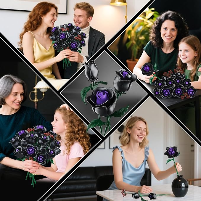 HOGOKIDS Flowers Bouquet Building Set - 15 Halloween Black Roses Botanical Collection Building Blocks Artificial Flower 330PCS Gothic Home Decor Christmas Birthday Gift for Adults Kids Girls Age 8+