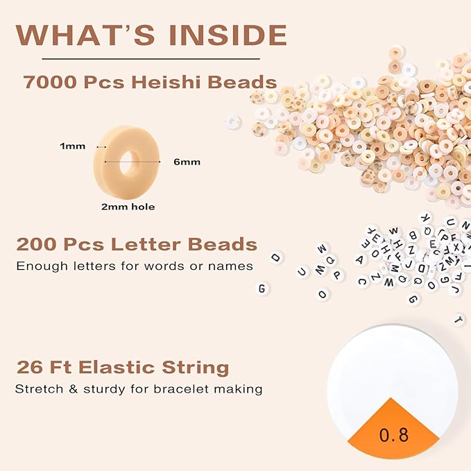 ADIIL 7200pcs Clay Beads Bracelet Making Kit, 6mm Polymer Heishi Beads for Jewelry Making, Friendship Bracelet Kit Birthday Gift for Adults Light Neutral