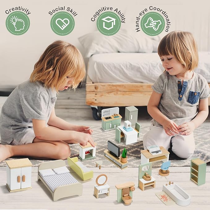 23PCS Wooden Dollhouse Furniture Set for 5 Rooms, Miniature Doll House Accessories & Furniture Toys for Toddlers, Indoor Scenes Pretend Play Toy for Kids 3+