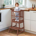 COSYLAND Toddler Kitchen Stool Helper – Stable A-Frame Design Kids Kitchen Step Stool with Protective Crossbar – Wooden Toddler Standing Tower for Learning in Bathroom (Brown)