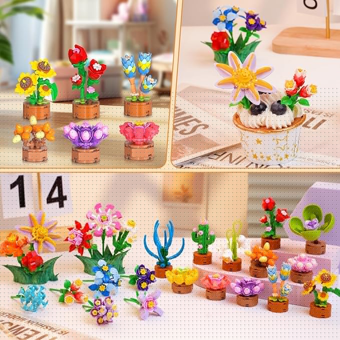 24 Pack Flowers Party Favors for Kids Building Set - 827PCS Succulents 3.6MM Mini Building Blocks Toy for Easter Basket Stuffers, Classroom Prizes, Mother's Day Birthday Gift for Girl Boy Ages 6+