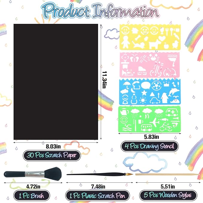 ZOCONE Scratch Paper Art Set, 30 Sheets 8x11in Black Coated Scratchboard Large Scratch Paper with Wooden Styluses and Stencils, DIY Scratch Painting Art Paper for Kids Adults Birthday Christmas Gift
