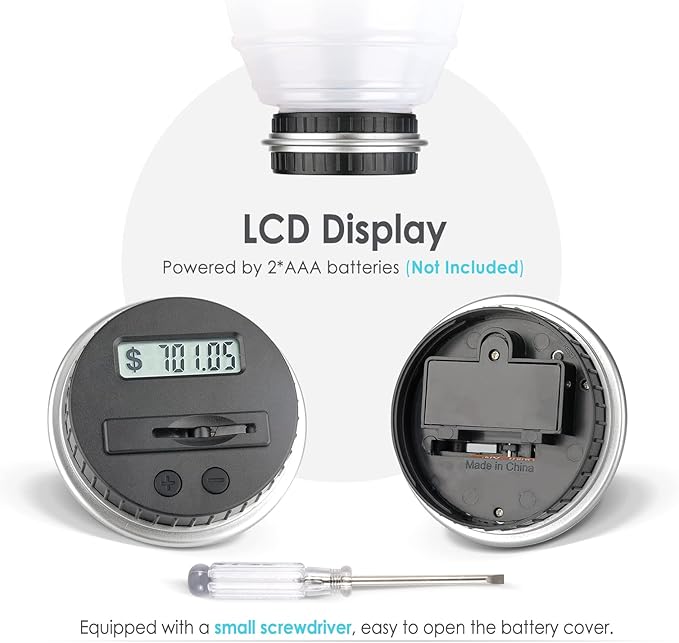 Large Digital Coin Bank for Kids and Adults - LCD Counter, 2.8L Capacity for US Coins (Silver)