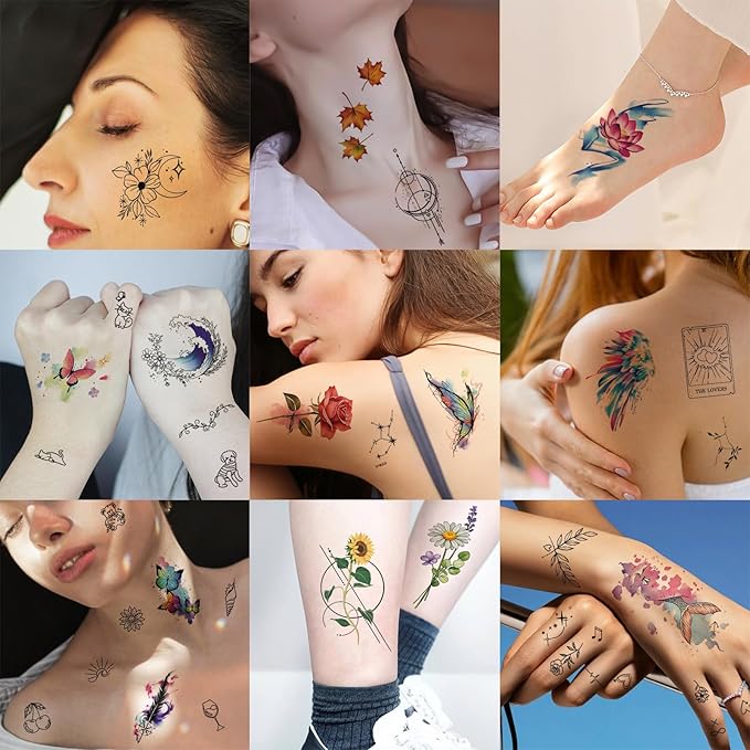 77 Temporary Tattoos for Women, Colorful Constellation Animal Flower Half Arm Fake Tattoos, Realistic Planet Lion Butterfly Rose Peony Tattoo Design