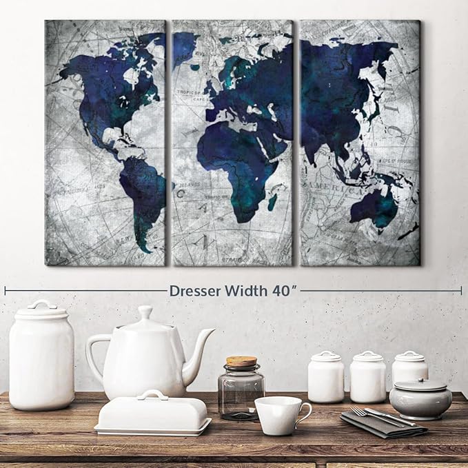 ElephantStock Deep Blue World Map Multi Piece Canvas - 3 Panel Wall Decor - Map of the World Art - Canvas for the Office and Home - 33" X 20"