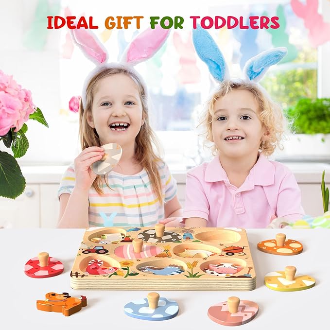 Wooden Puzzles for Toddlers, 8 Pcs Farm Animal Matching Egg Puzzle, Montessori Toys for Boy Girl Easter Birthday Gifts, Preschool Learning Activities & Educational Toys for Boys, Girls