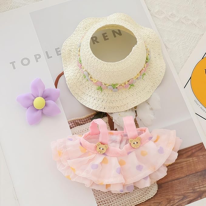 Clothes for Dolls Accessories (No Doll), Kawaii Hat Skirt Outfit Set 3 Pieces for 15cm 17cm Dolls Suit, Stylish Flower Doll Hat Clothing Set Replacement Pink