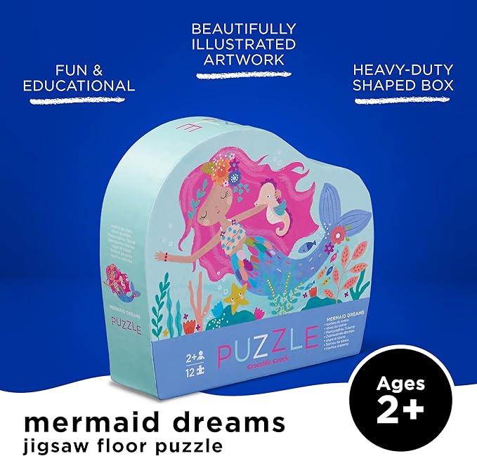 Crocodile Creek 12-Piece Mini Jigsaw Puzzle - Fun Floor Puzzles for Kids Ages 2-4 and Up - Heavy-Duty Shaped Box for Storage - Mermaid Dreams - 12" x 9" Finished