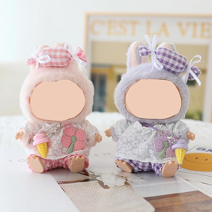 Clothes for Labubu Doll,Clothes for Dolls Accessories,Four-Leaf Clover Candy Summer Replacement Outfit Set 5 Pieces Suitable for Labubu 15&17cm ,Adorable Dress-Up Accessories for Doll (Purple)