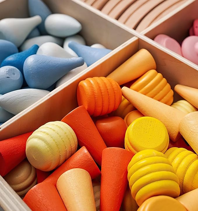 MIKNEKE 81 Wooden Loose Parts Sensory Bin Filler Toys, Mandala Rainbow Stacker Open Ended Toys, 27 Colors Sensory Training Educational Toys
