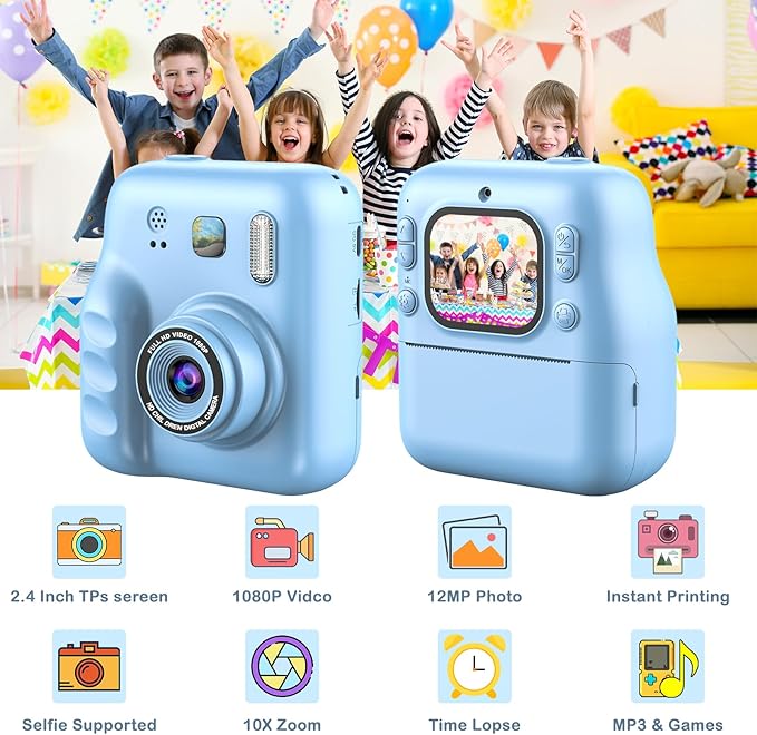 Kids Instant Print Camera, 1080P HD Kids Camera Instant Print, Includes 32GB SD Card, Adapter & 4 Zink Paper Rolls, Best Christmas or Birthday Gift for Girls Boys Age 3-12（Blue）