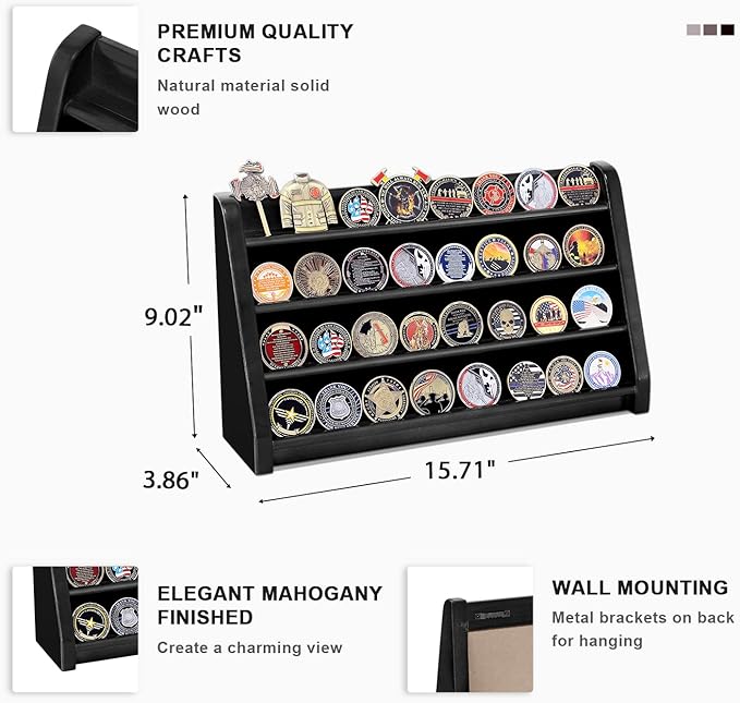 4 Rows Wooden Military Challenge Coin Display Case Wall Mount - Army Coin Collectibles Holder Display Stand Rack, Black