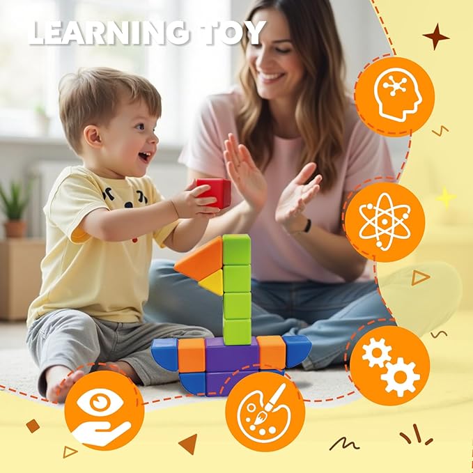 Magnetic Blocks with Multiple Shapes, 1.65 inch Large Magnetic Building Cubes for Kids, Sensory Montessori Stacking Toys for Boys & Girls Ages 3 4 5 6 (21pcs)