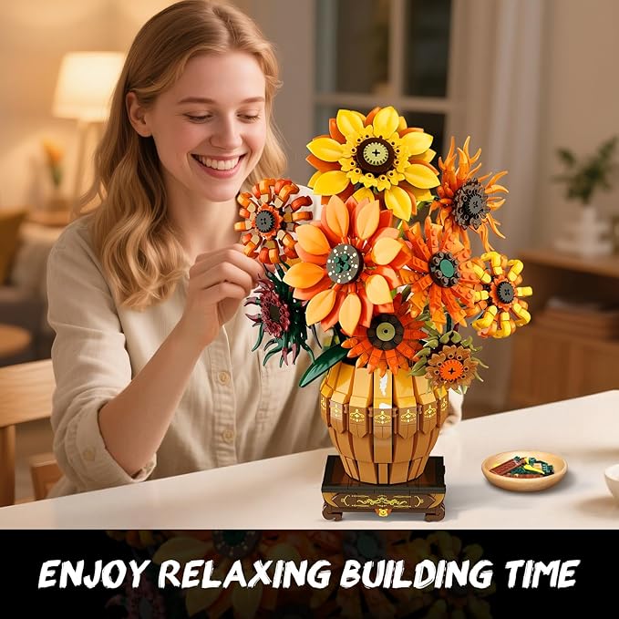 Sunflower Building Set with Lights Vase Base, Flowers Botanical Collection Building Block Home Decor, 1180PCS Art Flower Bouquet Bonsai Plant Building Kit Gift for Adults Teens Girls Boys 12+