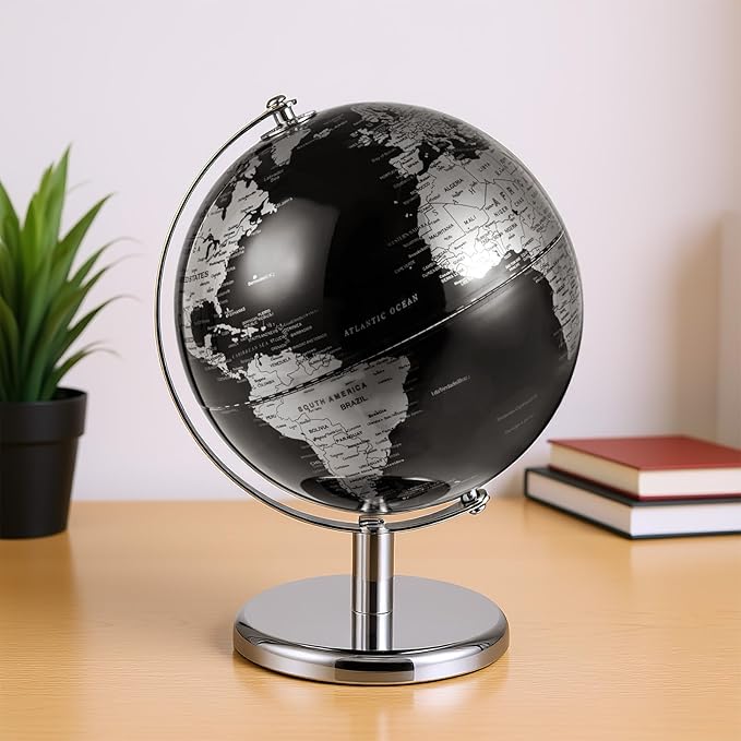 Goplus 8-Inch Metallic Black World Globe, Rotating Earth Globe w/Metal Stand, Educational Learning Teaching Gift, Modern Desktop Decoration for Home, Office (Black + Silver)