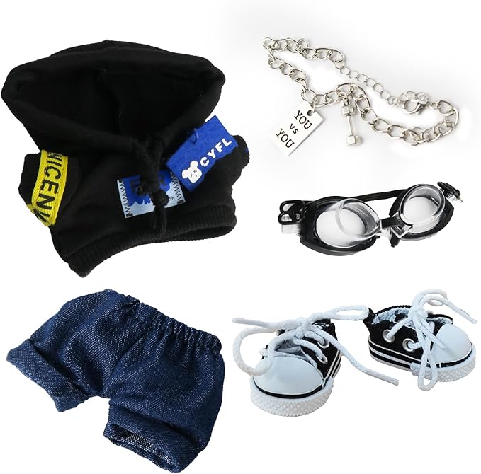 Cloth for Doll,5-Piece Clothes Outfit for 17cm (NO Doll) - Black Futuristic Goggles + Metallic Necklace + Black Hoodie + Blue Jeans + Canvas Sneakers